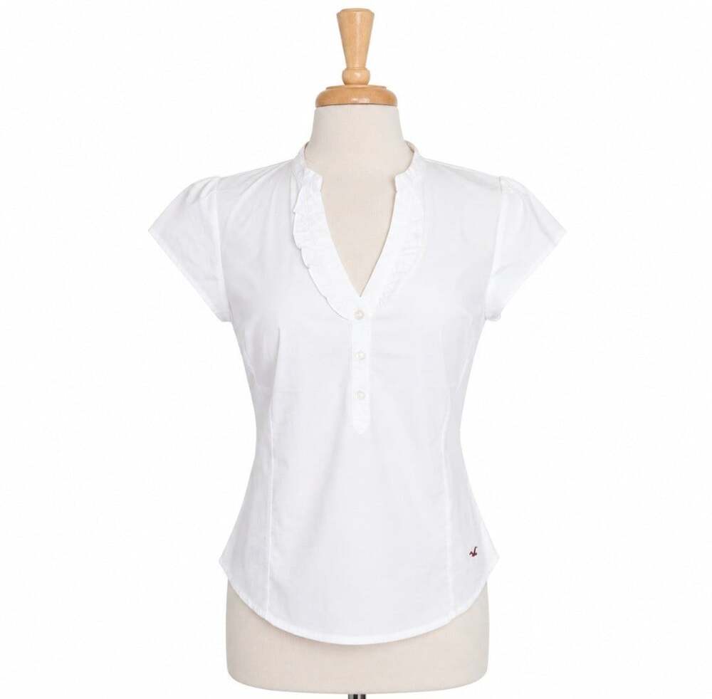 Hollister Womens Blouse Medium White Ruffle V Neck Cotton Top NWT Tie Back